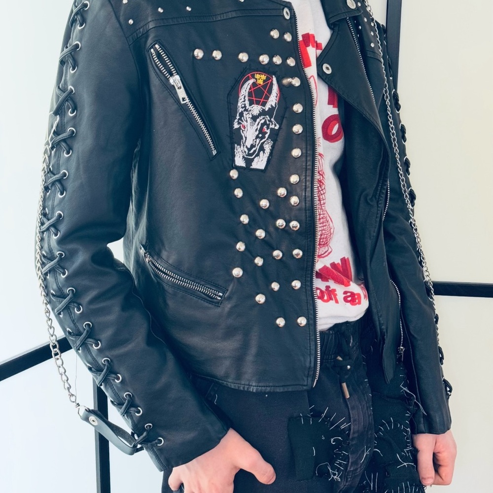 Black Leather Biker Jacket with Studs and Zippers